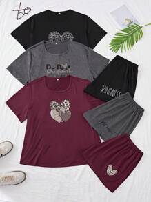 SHEIN 6pcs/Set Plus Size Printed Short Sleeve Top & Shorts Sets, Outfits - Multicolor - View 1