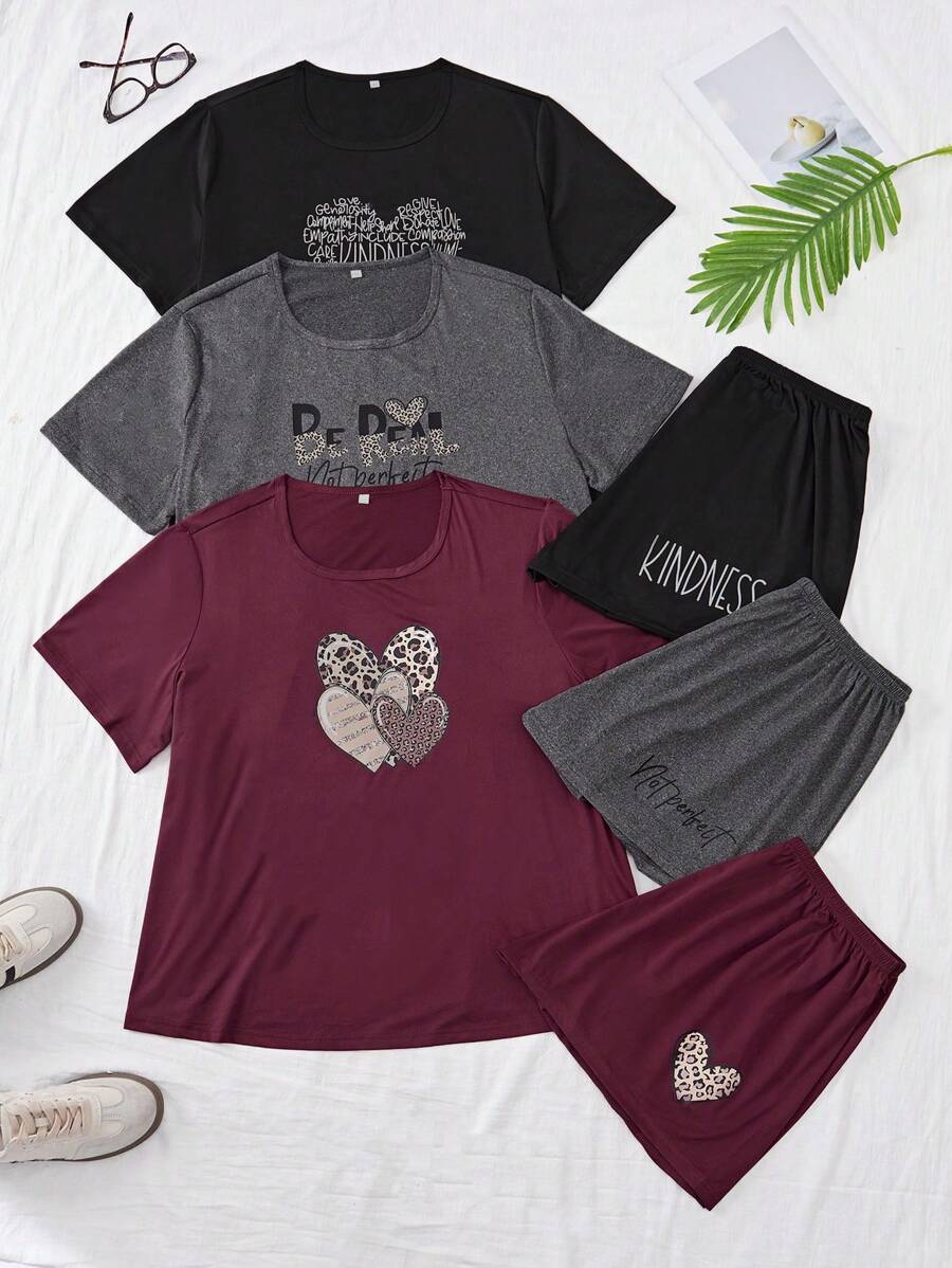 SHEIN 6pcs/Set Plus Size Printed Short Sleeve Top & Shorts Sets, Outfits - Multicolor - View 1