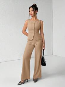 SHEIN PETITE Conjunto elegante de oficinista de unicolor con chaleco de cuello redondo de un solo botón y pantalones para mujer, traje de oficina de verano y otoño, ropa de mujer, conjunto de negocios casuales, dos piezas, conjuntos de blazer de mujer para otoño - Camel - Ver 6