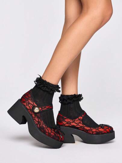 Grunge Punk Women's Mary Jane Lace Red Wedge Shoes Gothic Vintage Platform Bow Hook And Loop Strap Design Sandals Comfortable Minimalist Lightweight Sandals