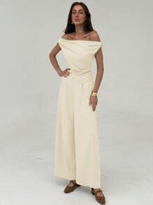 Aloruh 1 Set Khaki Minimalist Office Commuter Outfit: Off-The-Shoulder Ruched Blouse + Regular Ruched Wide-Leg Pants For Women Honeymoon Outfits Woman - Apricot - View 3