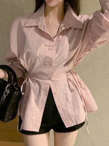 DAZY Blusa de manga larga con cintura ceñida y lazo lateral para mujer - Rosa - Ver 3