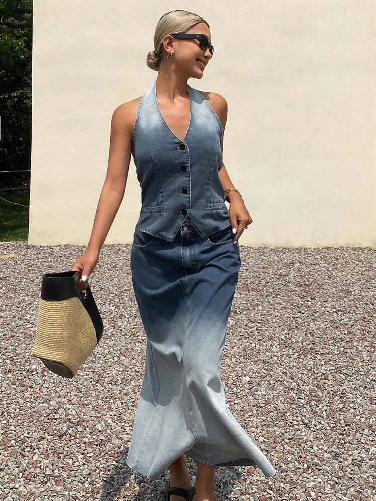 Women's Single-Breasted Halter Neck Top And Fish Tail Hem Midi Denim Skirt Set Vacation