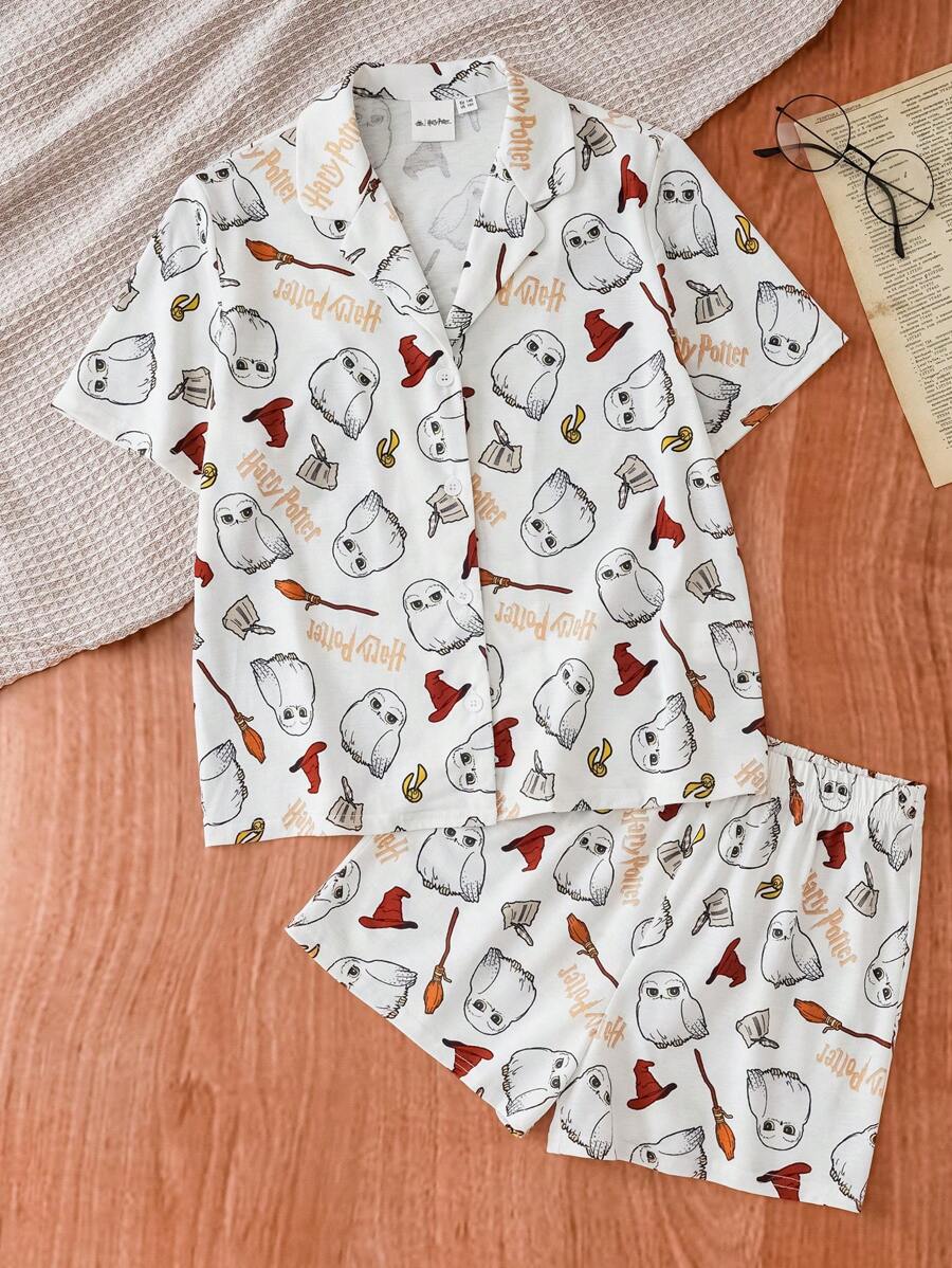 HARRY POTTER X SHEIN 少女卡通猫头鹰全印花高领短袖上衣和短裤睡衣套装，阻燃，春夏家居服 - 白色 - 查看 1