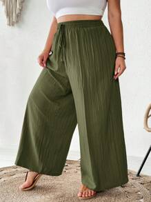 SHEIN CURVE+ Plus Size Summer Women Casual Beach Wear Fashion Office Lady Elegant Wide Leg Pants, Pocket Pants, Beach Holiday