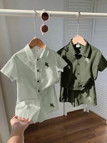 SHEIN 4pcs/Set Baby Boy/Girl Summer Green Contrast Color Animal Print Soft Knit Polo Collar Short Sleeve Cardigan & Elastic Waist Shorts, Suitable For Vacation, Outdoor, Home, School - Multicolor - View 7