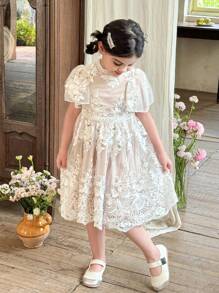 SHEIN Young Girls Floral Embroidery Tulle Ruffle Sleeve Cute Dress - Beige - View 4
