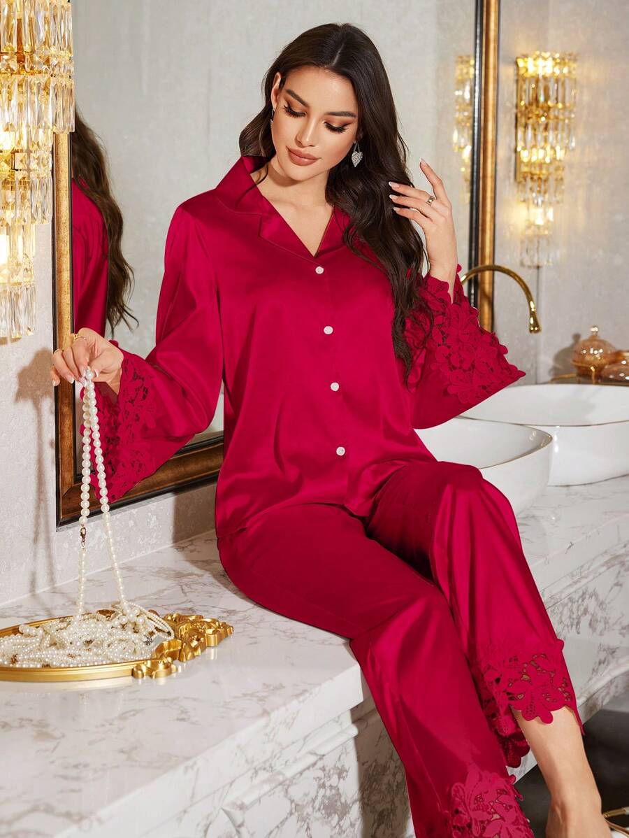 LuxeNights 2pcs Women Luxury Lace Trim Sleepwear Pajama Set, Cozy And Elegant Details, Fall Winter Clothes - Burgundy - View 1
