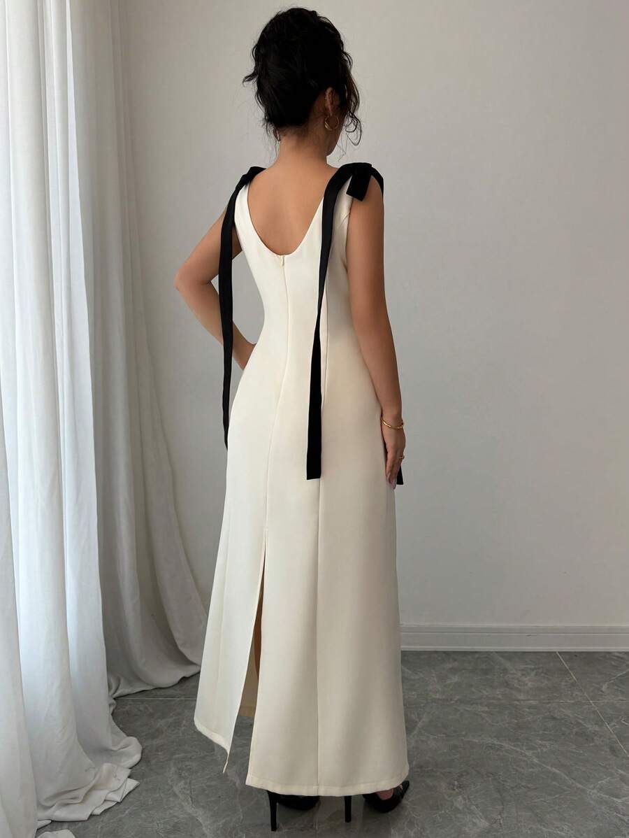 Elenzga Women's Elegant Casual Business Sleeveless Round Neck Waist-Cinched Solid Color Splicing Contrast Collar Bowknot Shoulder Strap Minimalist Dress - Apricot - View 1