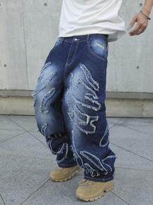 Manfinity EMRG Men's Casual Blue Loose Fit Distressed Pockets Wide Leg Jeans Baggy Jeans Men Design