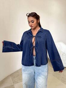 SHEIN ICON 大码牛仔夹克长袖修身蝴蝶结蓝色衬衫女式衬衫秋季女式连衣裙女式衬衫感恩节女式衬衫衬衫上衣女式衬衫衬衫感恩节女式衬衫衬衫圣诞节女式衬衫圣诞衬衫感恩节衬衫蓝色牛仔夹克 - 深色水洗藍 - 查看 4