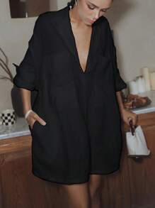 SHEIN Frenchy Damen Hemdblusenkleid mit langen Ärmeln, moderner minimalistischer Stil, geeignet für den Sommer, Einfarbig