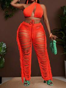 Slaydiva 2025 New Arrival Holiday Vacation Simple Hollow Out Solid Color Tie Front Top + Tassel High Waist Pants Knit 2Pcs Suit For Women, Spring/Summer - Orange - View 5