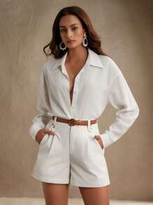 Anewsta 女士优雅度假休闲套装，白色镂空刺绣上衣，适合春秋季穿着 - 白色 - 查看 2