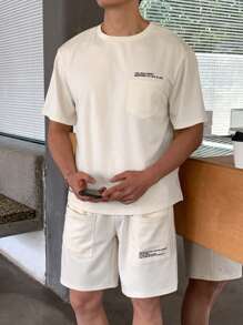 SHEIN 青少年男孩简约纯色迷你印花口袋设计短裤和 T 恤套装，休闲校园舒适时尚简约百搭柔软，适合日常、学校、户外、运动、度假 - 米色 - 查看 6