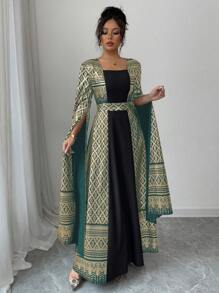 Rafferiza Fashionable Elegant Square Collar Puff Sleeve Foil Print Spring/Summer Long Dress Fall Cloth For Women - Dark Green - View 3