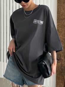 DAZY Letter Graphic Drop Shoulder Tee Summer Oversized T-Shirt Streetwear Preppy Tops - Grey - View 3