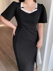 Dazy Plus Backless Sexy High Slit Black Dress - Black - View 5