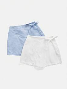 SHEIN Essnce Quần short buộc dây thường ngày cho nữ, mùa hè - Xanh và trắng - Xem 3