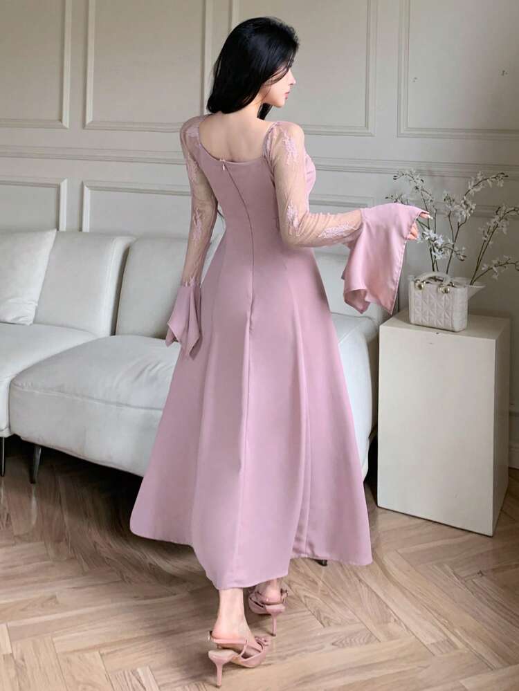 Lace Patchwork Pleated Ruffle Sleeve Midi Dress For Women,Fall Dress Long Sleeve Dress Prom Dress Elegant Women Dresses
