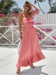 Vivid Eden 女士纯色褶皱露背休闲度假吊带裙 - 藕粉色 - 查看 6