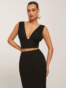 Silquee Spring&Summer Women's Solid Black V-Neck 2 Pieces Set, Vacation 2 Pieces Set, High Stretch Fitted 2 Pieces Set, Super Long Skirt 2 Pieces Set, Date Night Skirt 2 Pieces Set, Elegant Maxi Dress 2 Pieces Set, Sexy V-Neck Top,Business Casual Set,Graduation Outfit,Prom Outfits For Woman - Black - View 4