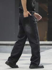Manfinity LEGND Men's Black Denim Avant-Garde Street Casual Jeans With Zipper Details And Studded Accents
