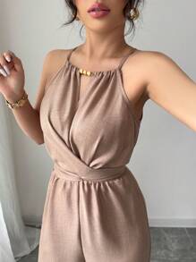 Elenzga Mono largo informal de mujer para primavera/verano de tela arrugada caqui con escote halter, cuentas en la cintura, diseño con botones y cordón