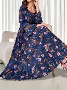 Modelyn 花卉印花荷叶边下摆 A 字迷你连衣裙 - 藍色 - 查看 6