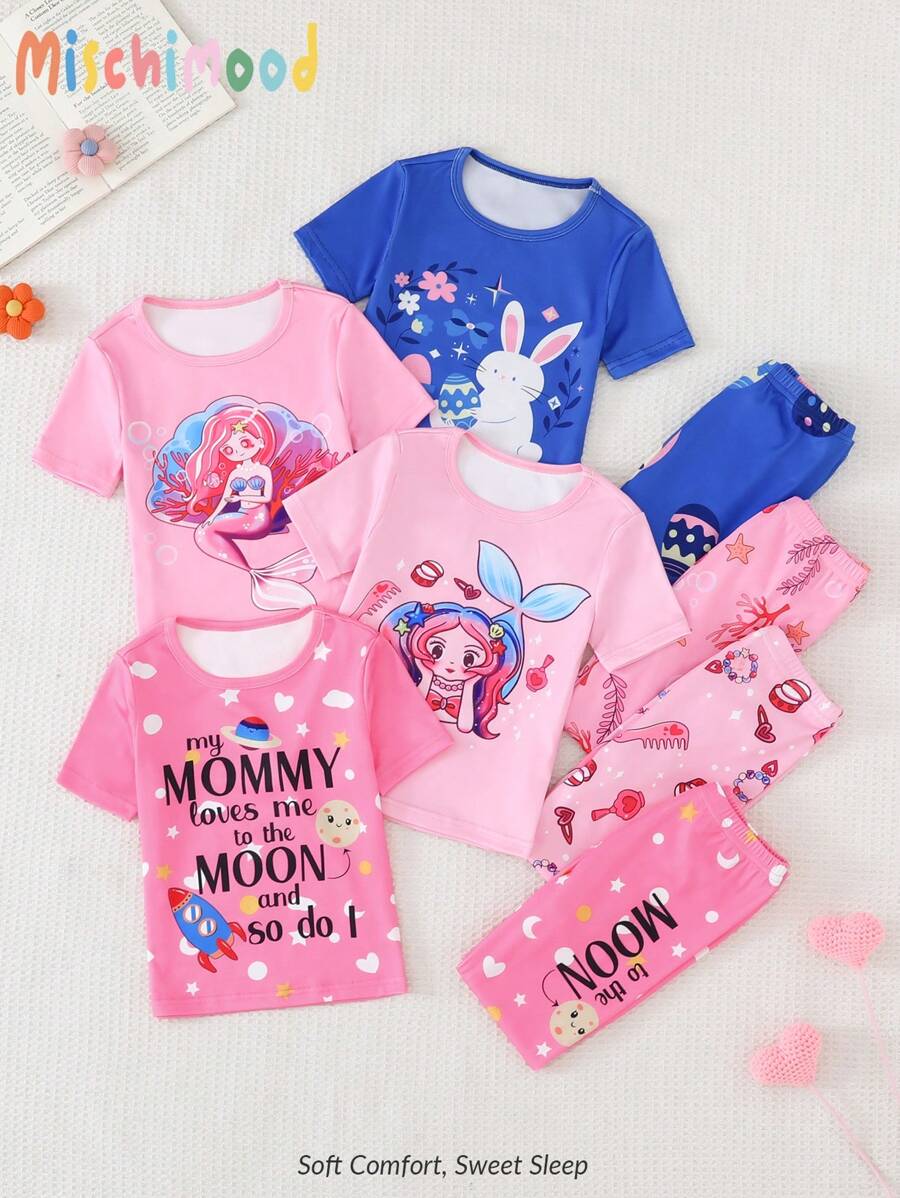 8pcs/Set Girls Casual Cartoon Letter, Mermaid, Rabbit Print Short Sleeve Top And Pants Bodysuit Pajama Set, Suitable For Family Gathering, Party, Photo Shoot - Multicolor - View 1