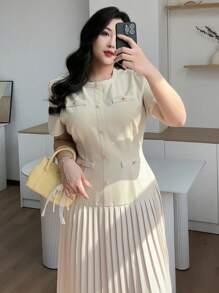 Dazy Plus Apricot Color Round Neck Pleated Patchwork Short Sleeve Casual Dress Women Plus Sun Dress