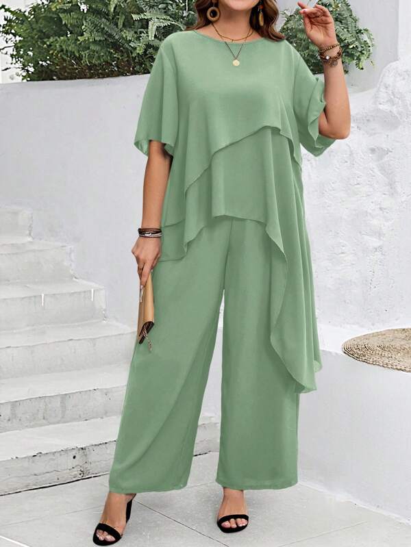 EMERY ROSE 2 Stücke Damen Große Größen Sommer blauer asymmetrischer Boho-Set aus Bluse und Hose