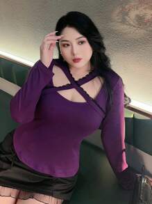 Dazy Plus Purple Wrap-Around V-Neck Long Sleeve Cropped T-Shirt - Purple - View 3