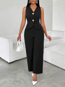 SHEIN Lady Women Solid Color Sleeveless V-Neck Vest And Pants Suit Elegant Two Pieces Set Women Summer Outfits For Women Wedding Guest 2 Pieces Sets Woman - Black - View 1