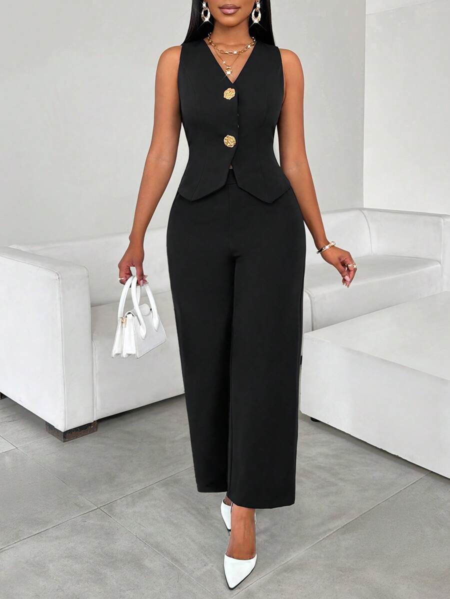 SHEIN Lady Women Solid Color Sleeveless V-Neck Vest And Pants Suit Elegant Two Pieces Set Women Summer Outfits For Women Wedding Guest 2 Pieces Sets Woman - Black - View 1