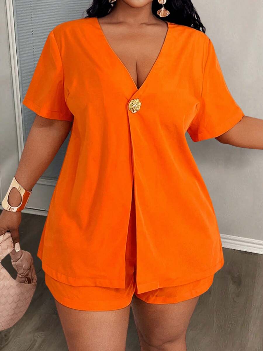 Slaydiva Conjunto de 2 piezas de mujer talla grande con camiseta suelta naranja brillante y shorts, adecuado para vacaciones en la playa