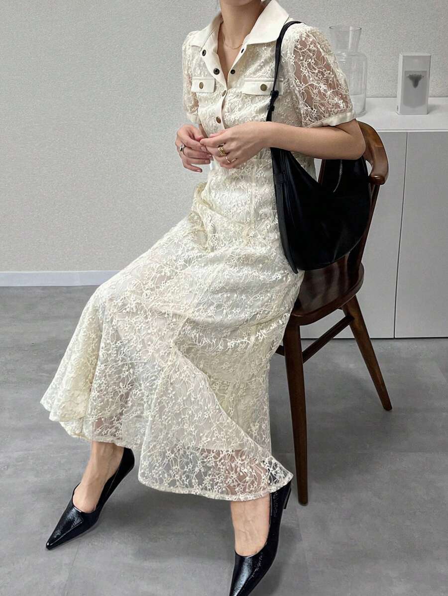 FRIFUL 女士蕾丝纽扣装饰泡泡袖中长连衣裙,奶油黄色,适合夏季度假 - 杏色 - 查看 1