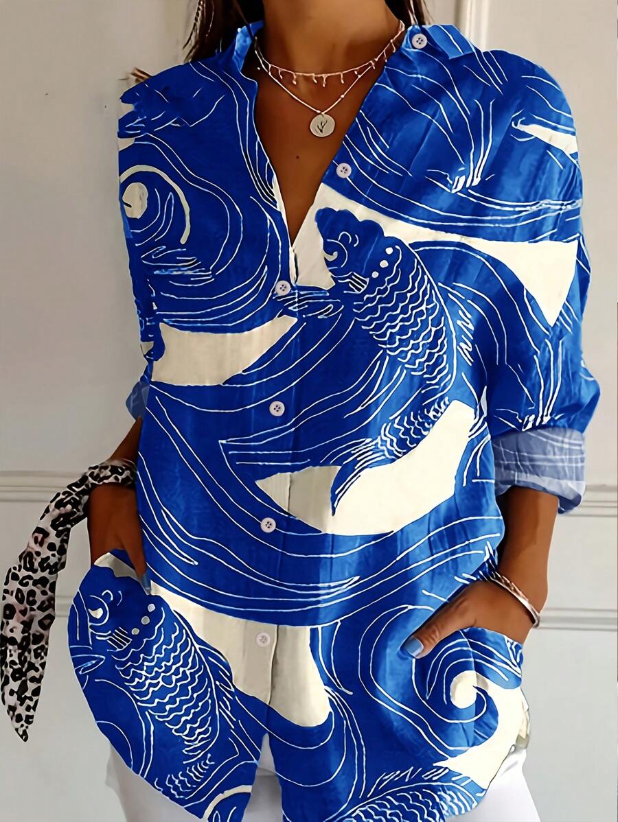 INAWLY Camisa de mujer con diseño de botones y estampado de elementos - Multicolor - Ver 1
