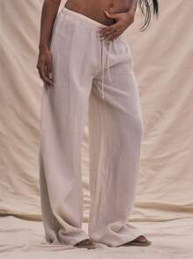 MUSERA Drawstring Lightweight Trousers Summer Linen Trousers Holiday Vacation Casual Elegant Cute Chic - Cream - View 3