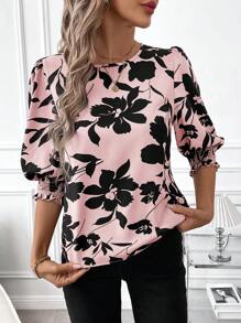 SHEIN Clasi Camisa casual para mujer con estampado floral, cuello redondo y manga abullonada, ideal para vacaciones
