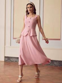 ZEYLAH Robe d'été élégante couleur unie 2 en 1 à encolure carrée - Rose bonbon - Voir 4