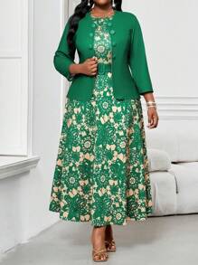 SHEIN Lady  2pcs Plus Size Women's Business Abstract Wavy Print Simple Round Neck Belted Holiday Midi Dress Set Going Out Outfits Two Pieces Outfits,Summer Outfits For Women - Green - View 4