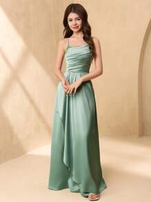 SHEIN Teenage Girls Wedding Bridesmaid Elegant Satin Ribbon Bow V-Neck Ruffled A-Line Long Dress For Prom, Birthday Party, Performance