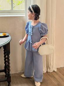 2pcs/Set Young Girl Solid Color Bow Decor Short Puff Sleeve Top And Pants - Blue - View 5