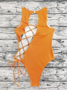SHEIN Swim Ladies' Spring And Summer Beach Ribbed Fabric, Backless, Drawstring Casual And Sexy One-Piece Swimsuit - Orange - View 4
