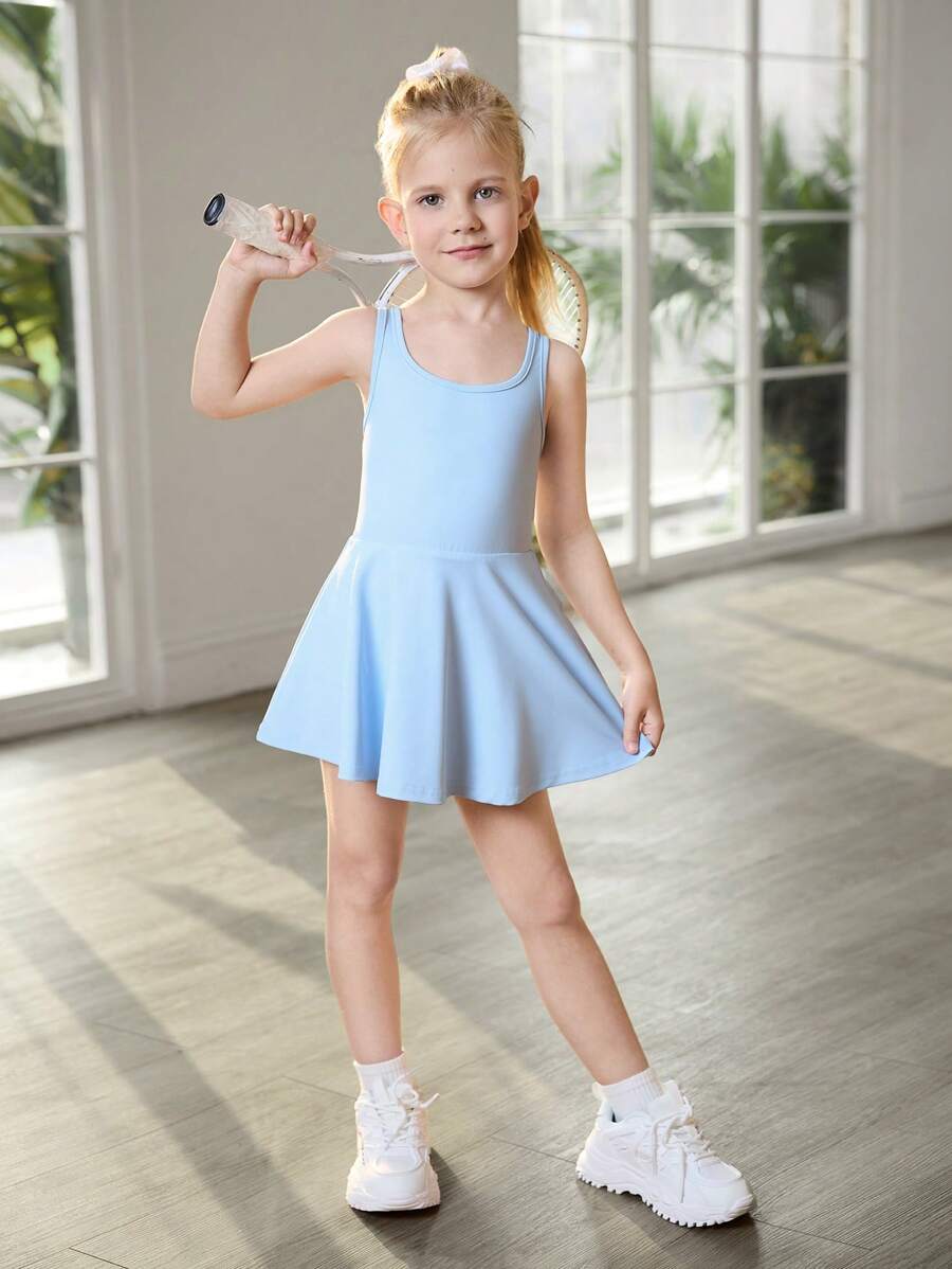 SHEIN Young Girls Clothing High Elasticity 4-Season Sportswear, Fashion Stretchy Fitness Outdoor Sports Yoga Gymnastics Running Cycling Basketball Soccer Tennis Badminton, With Pocket Anti-Flashing Leggings Skirt Elastic Snug Fit One-Piece Activewear - Baby Blue - View 1