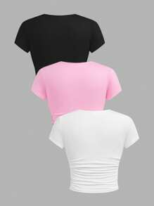 3pcs Pack Tween Girls Slim Fit Casual Solid Color Ruched Round Neck Short Sleeve T-Shirts - Pink - View 2