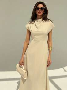 Aloruh New Minimalist Asymmetrical Neck Short Sleeve Ruched Decor High Waisted A-Line Midi Dress, Commuting Versatile,Graduation Dresses