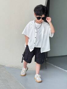 SHEIN Camicia casual con cappuccio a maniche corte in tessuto strutturato stile coreano da ragazzo, adatta per pendolarismo, scuola, abbigliamento casual quotidiano, sport, primavera/estate