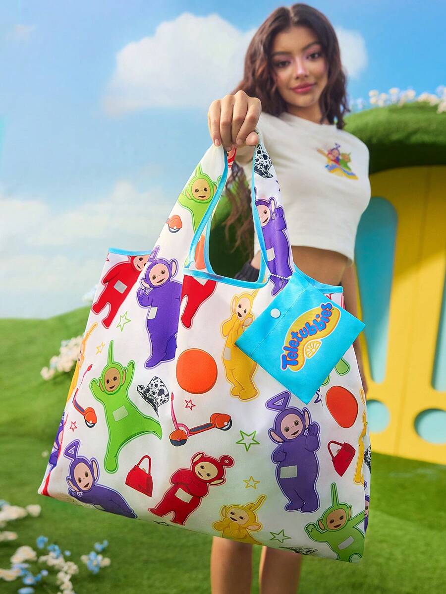 Teletubbies X SHEIN Sac fourre-tout pliable imprimé avec les personnages mignons de dessins animés Tinky Winky, Dipsy, Laa-Laa, Po, avec un mini-sac détachable sur une chaîne